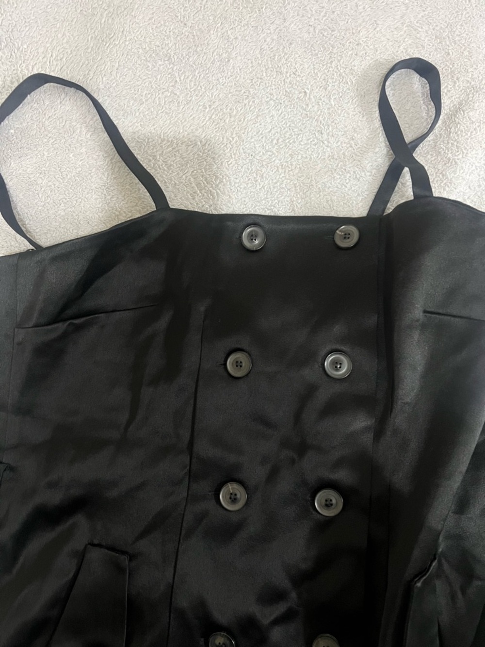 Black Double-Breasted Satin Dress with Spaghetti Straps